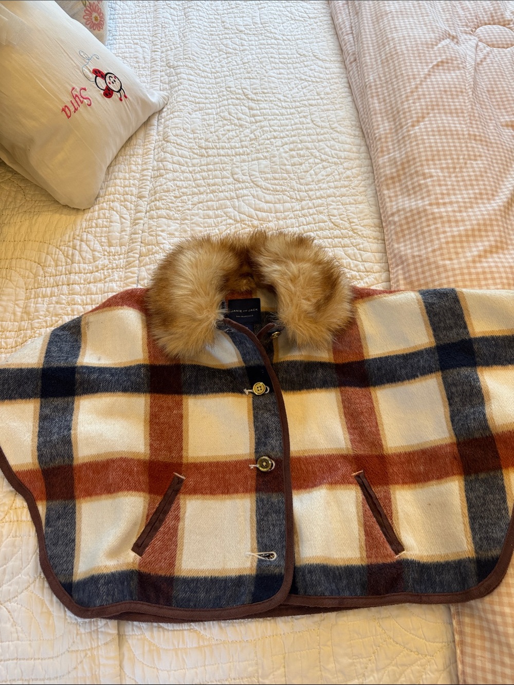 Janie and Jack Plaid Wool Cape with Faux Fur Collar - Cream, Rust & Navy
